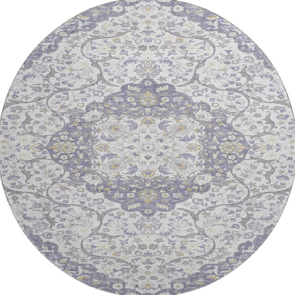 HomeRoots 8' Elegant Lavender and Gold Medallion Round Rug - Washable, UV Protected, Non-Slip for Everyday Use 696833
