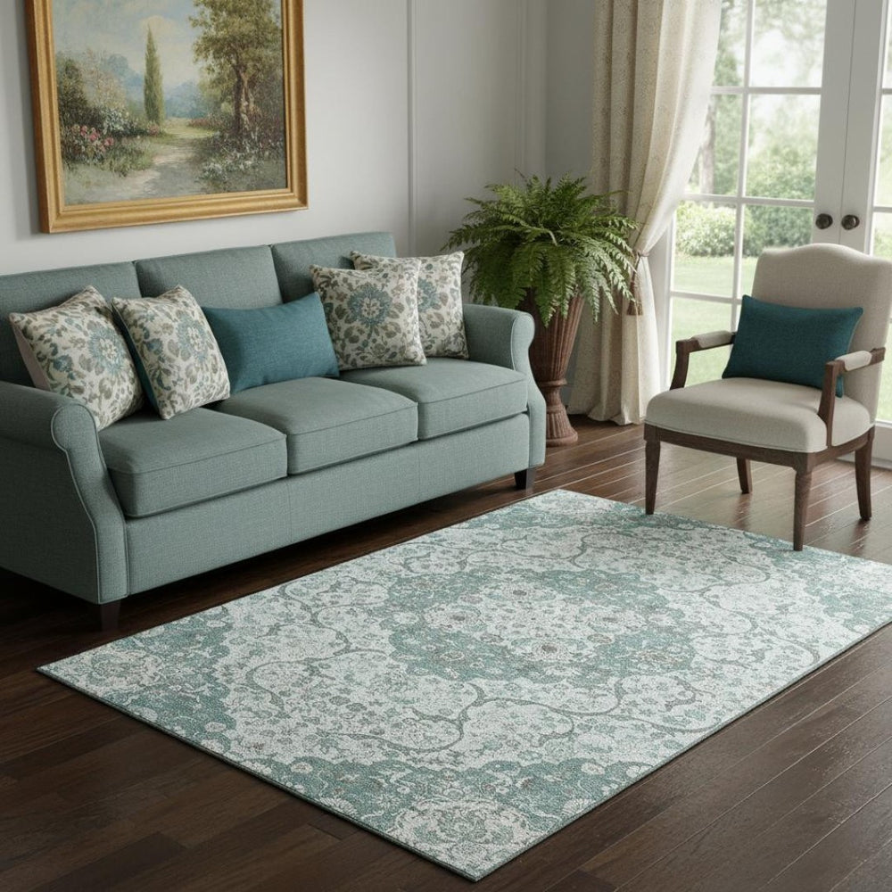 HomeRoots 5' X 8' Teal Gray Silver Medallion Washable Area Rug – Stylish, Durable, UV-Protected for Homes 696838