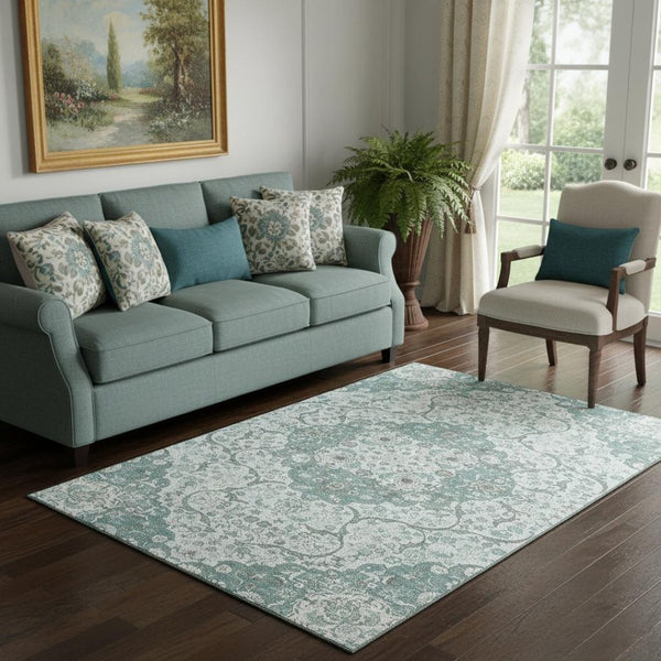 HomeRoots 5' X 8' Teal Gray Silver Medallion Washable Area Rug – Stylish, Durable, UV-Protected for Homes 696838