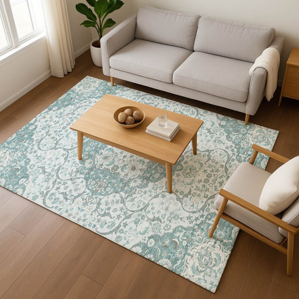 HomeRoots 5' X 8' Teal Gray Silver Medallion Washable Area Rug – Stylish, Durable, UV-Protected for Homes 696838