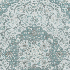HomeRoots 5' X 8' Teal Gray Silver Medallion Washable Area Rug – Stylish, Durable, UV-Protected for Homes 696838