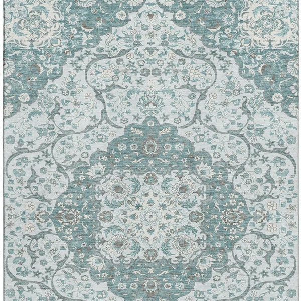 HomeRoots 5' X 8' Teal Gray Silver Medallion Washable Area Rug – Stylish, Durable, UV-Protected for Homes 696838