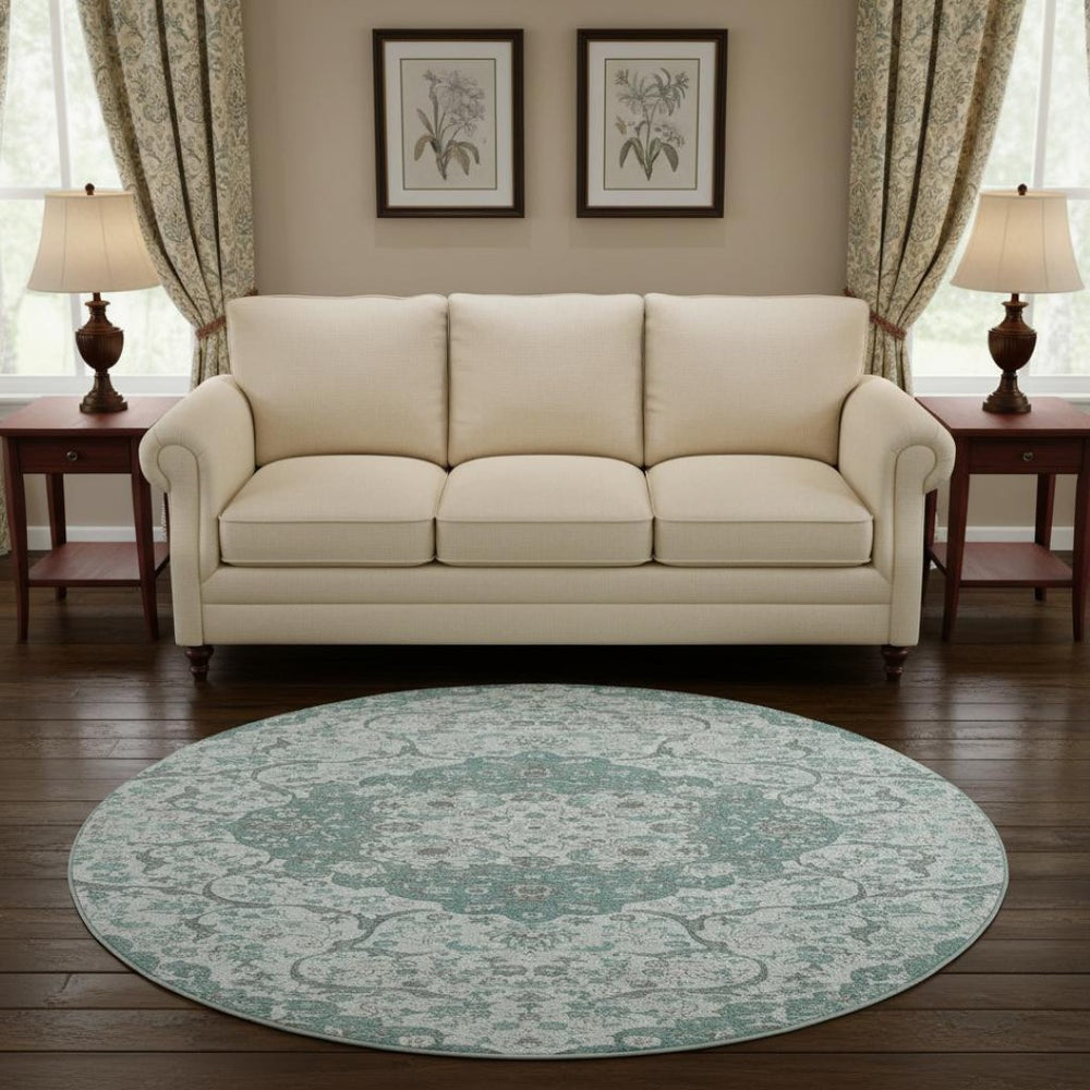 HomeRoots 8' Teal Gray & Silver Medallion Washable Round Rug - UV Protected, Soft, Durable for High-Traffic Areas 696839