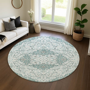 HomeRoots 8' Teal Gray & Silver Medallion Washable Round Rug - UV Protected, Soft, Durable for High-Traffic Areas 696839