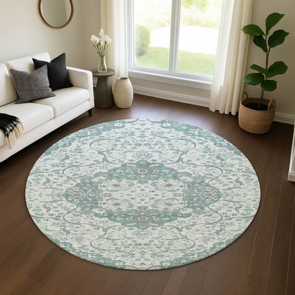 HomeRoots 8' Teal Gray & Silver Medallion Washable Round Rug - UV Protected, Soft, Durable for High-Traffic Areas 696839