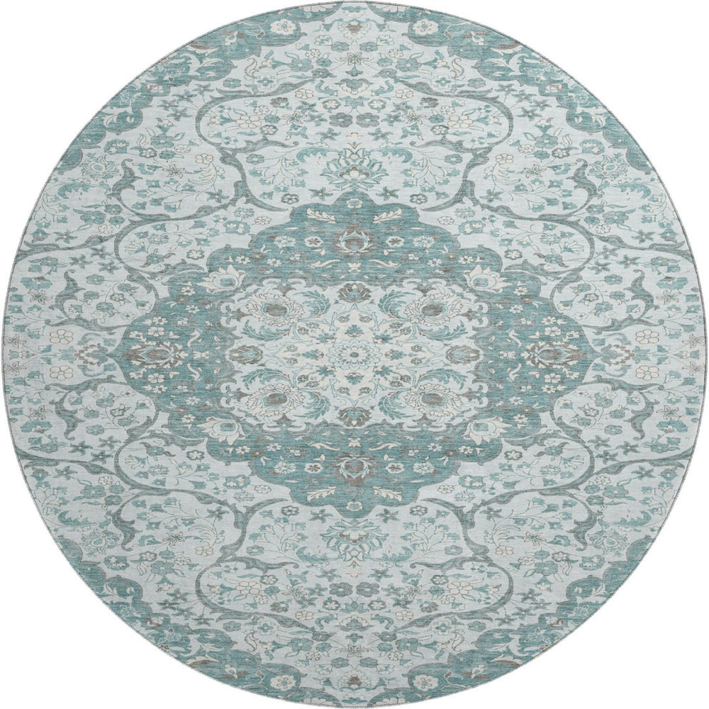 HomeRoots 8' Teal Gray & Silver Medallion Washable Round Rug - UV Protected, Soft, Durable for High-Traffic Areas 696839