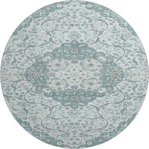 HomeRoots 8' Teal Gray & Silver Medallion Washable Round Rug - UV Protected, Soft, Durable for High-Traffic Areas 696839