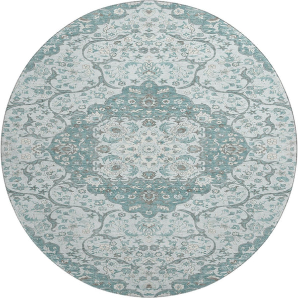 HomeRoots 8' Teal Gray & Silver Medallion Washable Round Rug - UV Protected, Soft, Durable for High-Traffic Areas 696839
