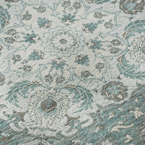 HomeRoots 8' Teal Gray & Silver Medallion Washable Round Rug - UV Protected, Soft, Durable for High-Traffic Areas 696839