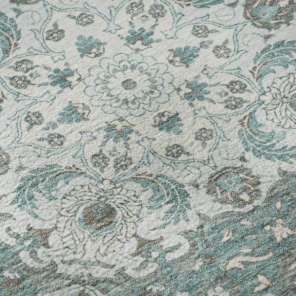 HomeRoots 8' Teal Gray & Silver Medallion Washable Round Rug - UV Protected, Soft, Durable for High-Traffic Areas 696839