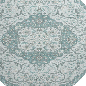 HomeRoots 8' Teal Gray & Silver Medallion Washable Round Rug - UV Protected, Soft, Durable for High-Traffic Areas 696839