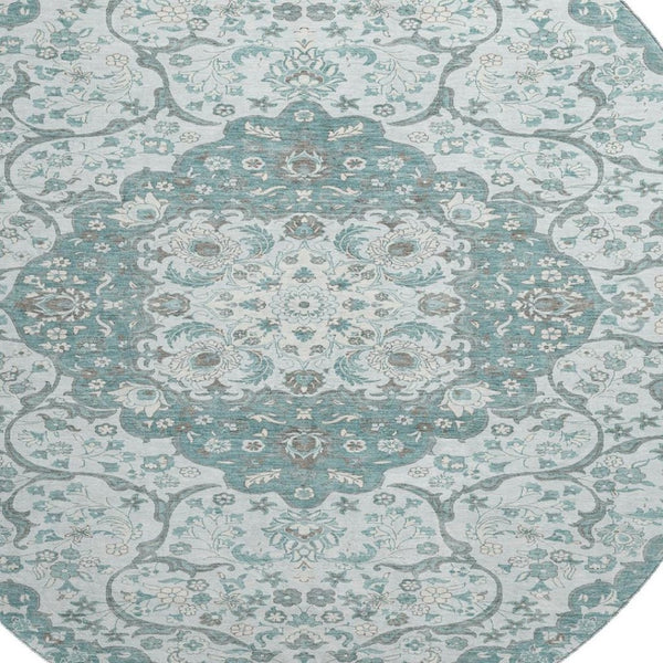 HomeRoots 8' Teal Gray & Silver Medallion Washable Round Rug - UV Protected, Soft, Durable for High-Traffic Areas 696839