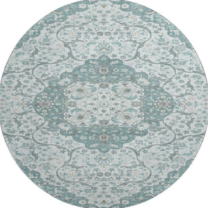 HomeRoots 8' Teal Gray & Silver Medallion Washable Round Rug - UV Protected, Soft, Durable for High-Traffic Areas 696839