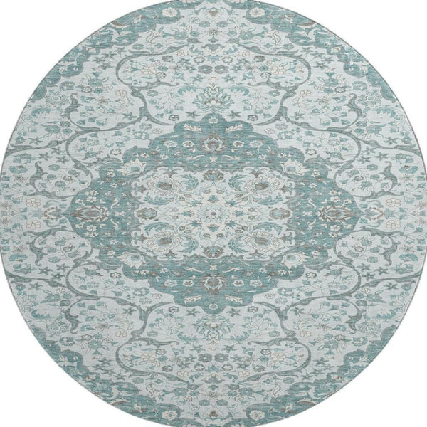 HomeRoots 8' Teal Gray & Silver Medallion Washable Round Rug - UV Protected, Soft, Durable for High-Traffic Areas 696839