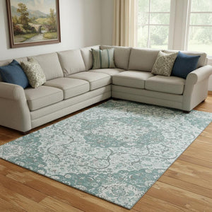 HomeRoots 8' X 10' Elegant Teal Gray Silver Medallion Area Rug - Washable, UV Protected, Non-Slip Design 696840