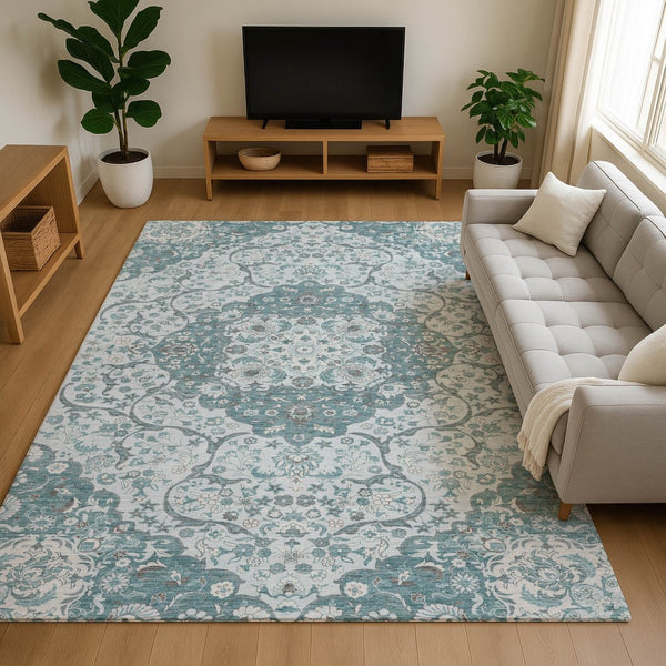 HomeRoots 8' X 10' Elegant Teal Gray Silver Medallion Area Rug - Washable, UV Protected, Non-Slip Design 696840