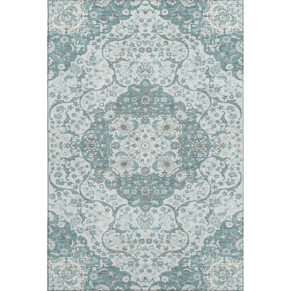 HomeRoots 8' X 10' Elegant Teal Gray Silver Medallion Area Rug - Washable, UV Protected, Non-Slip Design 696840
