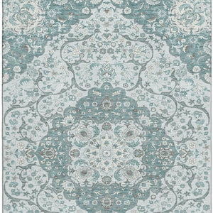 HomeRoots 8' X 10' Elegant Teal Gray Silver Medallion Area Rug - Washable, UV Protected, Non-Slip Design 696840
