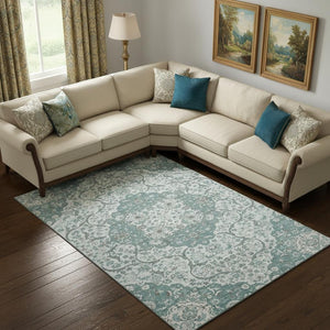 HomeRoots 9' X 12' Teal Gray & Silver Medallion Area Rug - Washable, Stain-Resistant, UV Protected, Stylishly Durable 696841