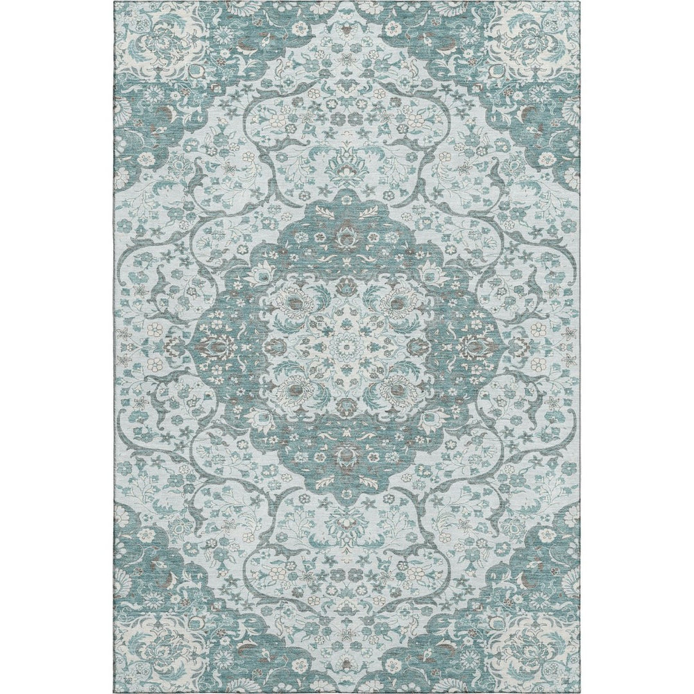 HomeRoots 9' X 12' Teal Gray & Silver Medallion Area Rug - Washable, Stain-Resistant, UV Protected, Stylishly Durable 696841