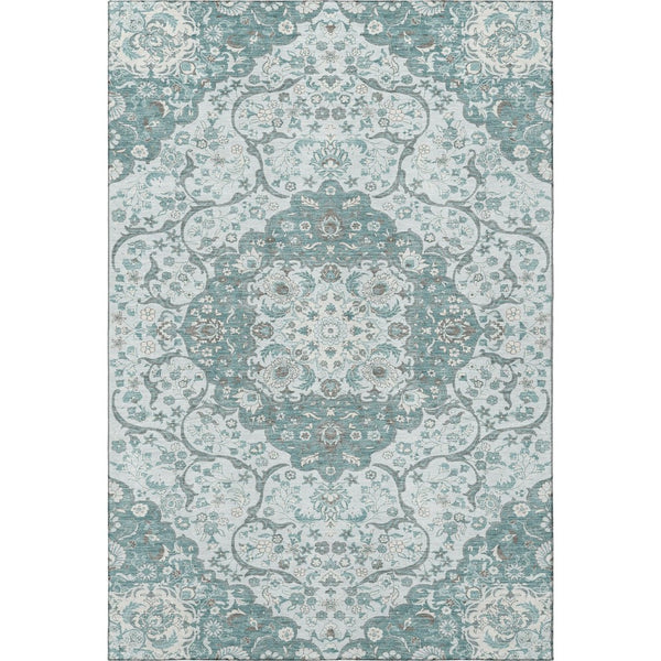 HomeRoots 9' X 12' Teal Gray & Silver Medallion Area Rug - Washable, Stain-Resistant, UV Protected, Stylishly Durable 696841