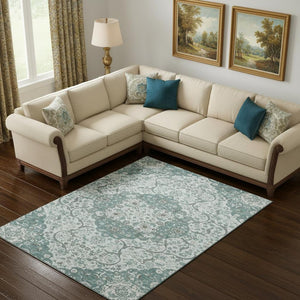 HomeRoots 10' X 14' Elegant Teal Gray Silver Medallion Area Rug - Washable, Stain Resistant, UV Protected! 696842