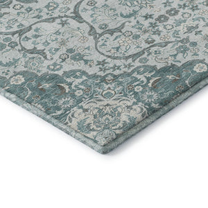 HomeRoots 10' X 14' Elegant Teal Gray Silver Medallion Area Rug - Washable, Stain Resistant, UV Protected! 696842