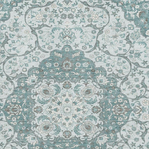 HomeRoots 10' X 14' Elegant Teal Gray Silver Medallion Area Rug - Washable, Stain Resistant, UV Protected! 696842
