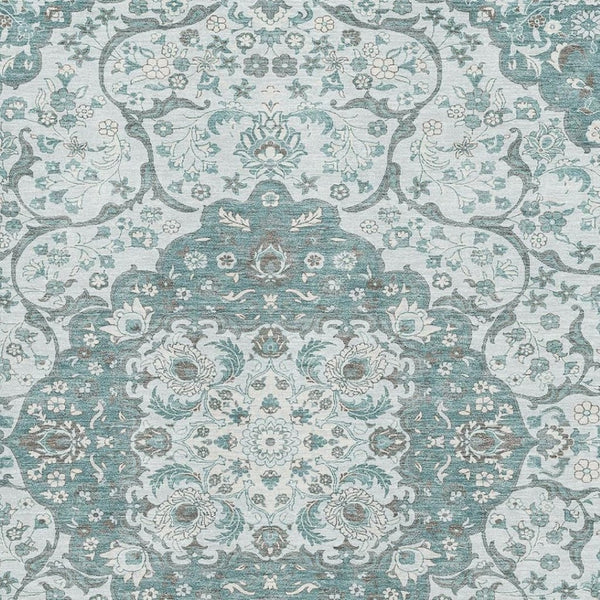 HomeRoots 10' X 14' Elegant Teal Gray Silver Medallion Area Rug - Washable, Stain Resistant, UV Protected! 696842