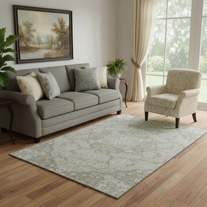 HomeRoots 5' X 8' Elegant Taupe Gray & Ivory Medallion Area Rug – Washable, UV-Protected, Non-Slip Design 696844