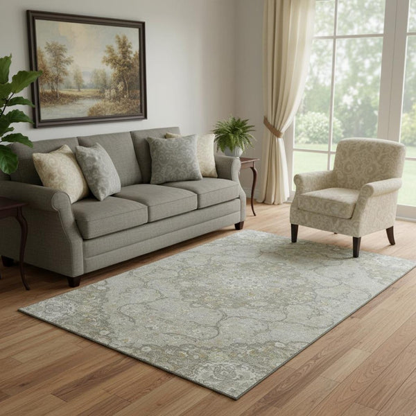 HomeRoots 5' X 8' Elegant Taupe Gray & Ivory Medallion Area Rug – Washable, UV-Protected, Non-Slip Design 696844