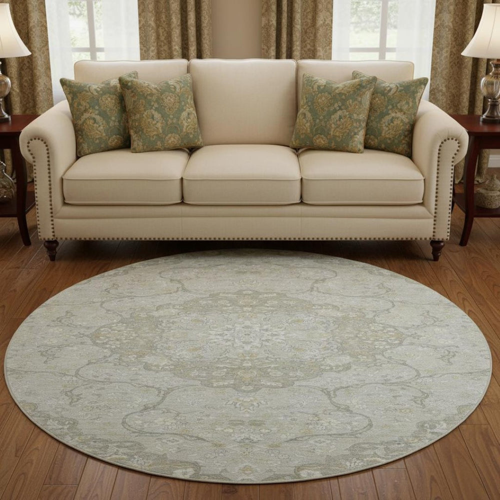 HomeRoots 8' Taupe Gray and Ivory Medallion Washable Round Rug - Durable, Stylish, and UV Protected for Homes 696845