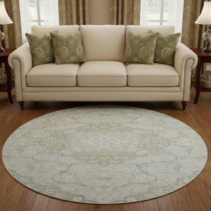 HomeRoots 8' Taupe Gray and Ivory Medallion Washable Round Rug - Durable, Stylish, and UV Protected for Homes 696845