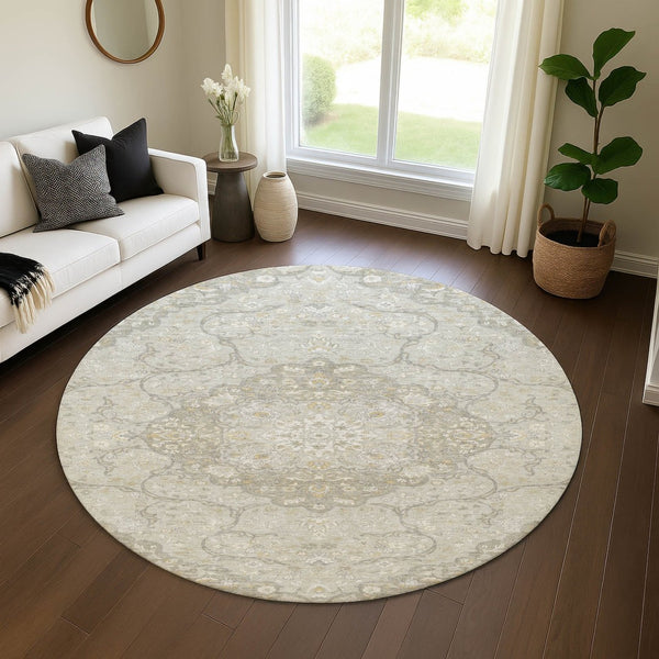 HomeRoots 8' Taupe Gray and Ivory Medallion Washable Round Rug - Durable, Stylish, and UV Protected for Homes 696845