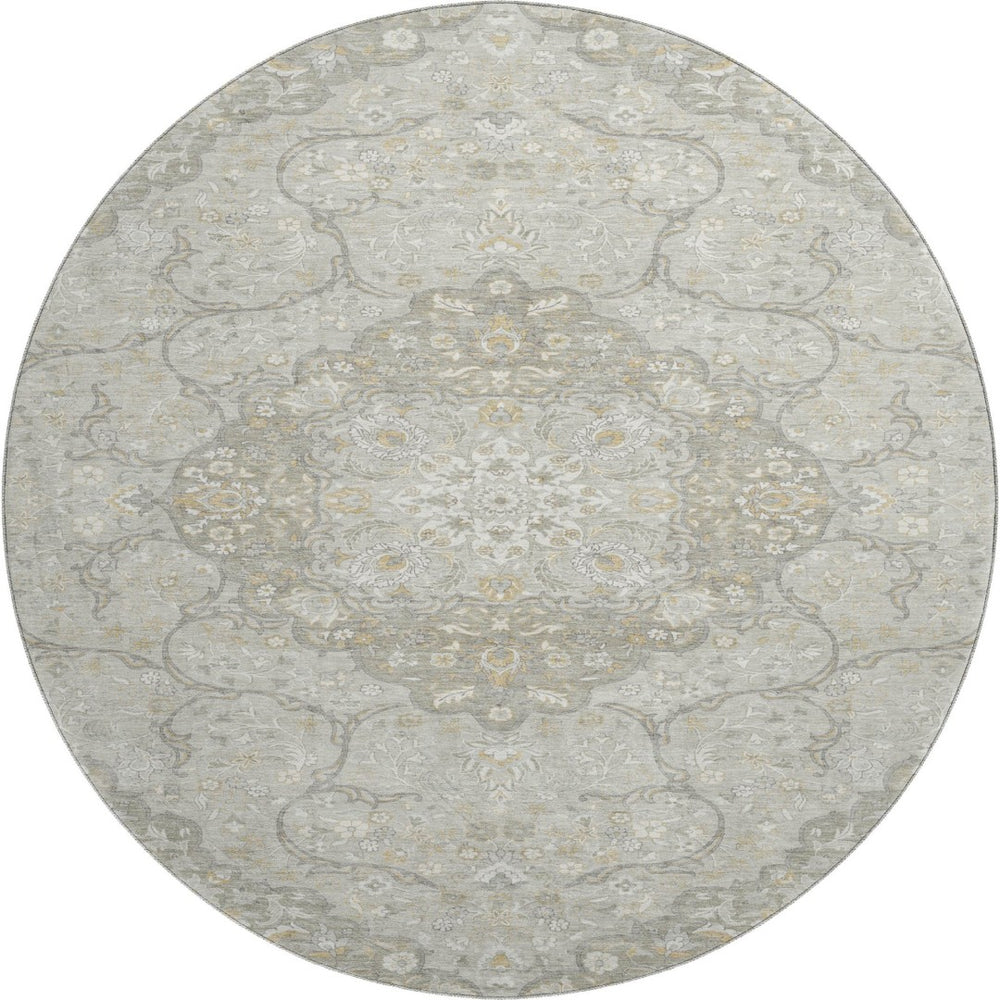 HomeRoots 8' Taupe Gray and Ivory Medallion Washable Round Rug - Durable, Stylish, and UV Protected for Homes 696845