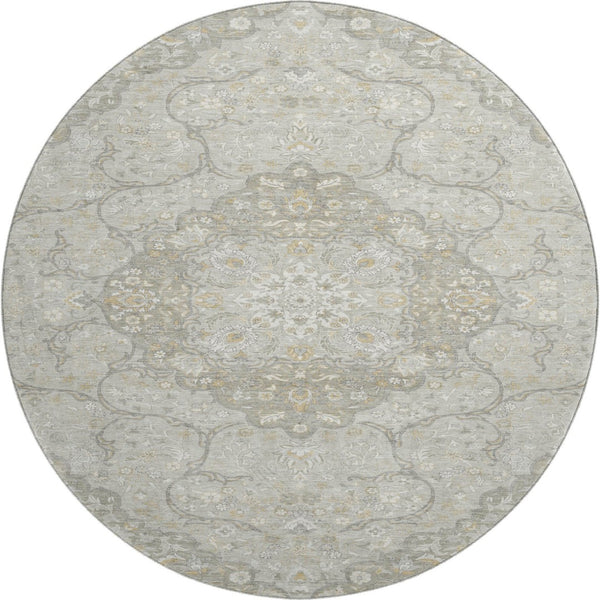 HomeRoots 8' Taupe Gray and Ivory Medallion Washable Round Rug - Durable, Stylish, and UV Protected for Homes 696845