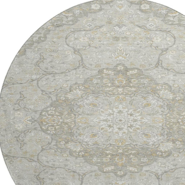 HomeRoots 8' Taupe Gray and Ivory Medallion Washable Round Rug - Durable, Stylish, and UV Protected for Homes 696845