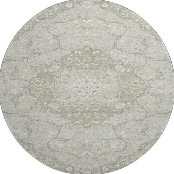 HomeRoots 8' Taupe Gray and Ivory Medallion Washable Round Rug - Durable, Stylish, and UV Protected for Homes 696845