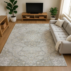 HomeRoots 9' X 12' Taupe Gray & Ivory Medallion Washable Area Rug - UV Protection, Non-Slip, Durable Design 696847