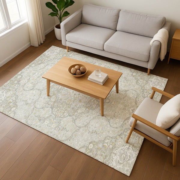 HomeRoots 9' X 12' Taupe Gray & Ivory Medallion Washable Area Rug - UV Protection, Non-Slip, Durable Design 696847