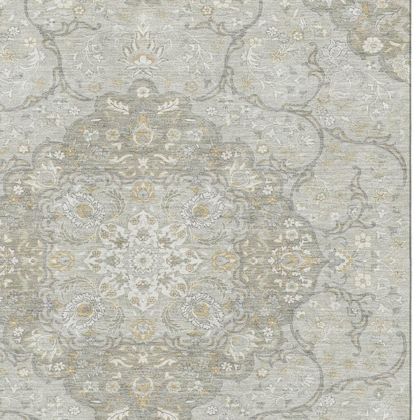 HomeRoots 9' X 12' Taupe Gray & Ivory Medallion Washable Area Rug - UV Protection, Non-Slip, Durable Design 696847
