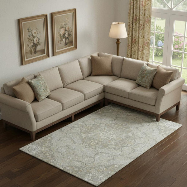 HomeRoots 10' X 14' Taupe Gray & Ivory Medallion Rug - Washable, UV Protected, Ideal for Busy Homes & Spaces 696848