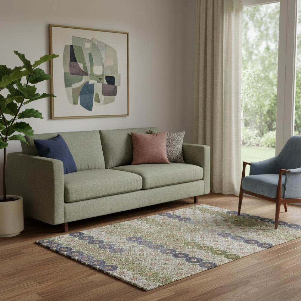 HomeRoots 5' X 8' Artichoke Green Purple Beige Geometric Washable Rug - Stain Resistant, UV Protected & Stylish 696850