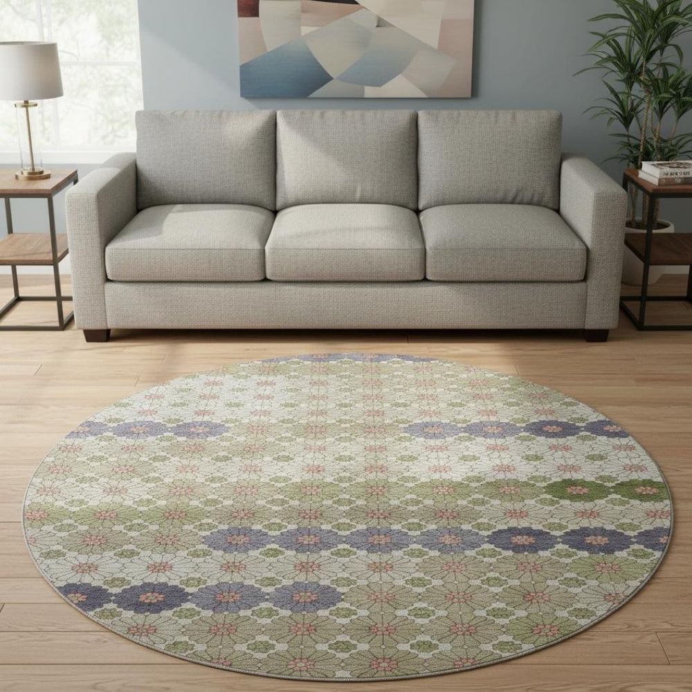 HomeRoots 8' Modern Geometric Round Rug in Artichoke Green, Purple & Beige – Washable, UV-Protected & Stylish! 696851
