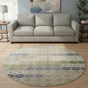HomeRoots 8' Modern Geometric Round Rug in Artichoke Green, Purple & Beige – Washable, UV-Protected & Stylish! 696851