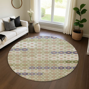 HomeRoots 8' Modern Geometric Round Rug in Artichoke Green, Purple & Beige – Washable, UV-Protected & Stylish! 696851