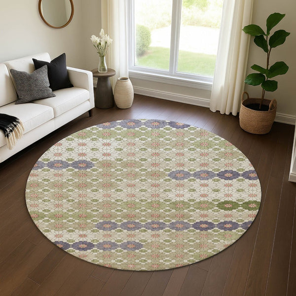 HomeRoots 8' Modern Geometric Round Rug in Artichoke Green, Purple & Beige – Washable, UV-Protected & Stylish! 696851