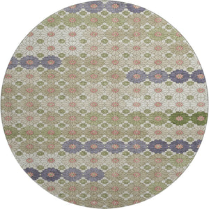HomeRoots 8' Modern Geometric Round Rug in Artichoke Green, Purple & Beige – Washable, UV-Protected & Stylish! 696851