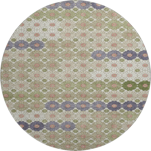 HomeRoots 8' Modern Geometric Round Rug in Artichoke Green, Purple & Beige – Washable, UV-Protected & Stylish! 696851