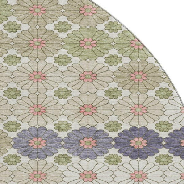 HomeRoots 8' Modern Geometric Round Rug in Artichoke Green, Purple & Beige – Washable, UV-Protected & Stylish! 696851